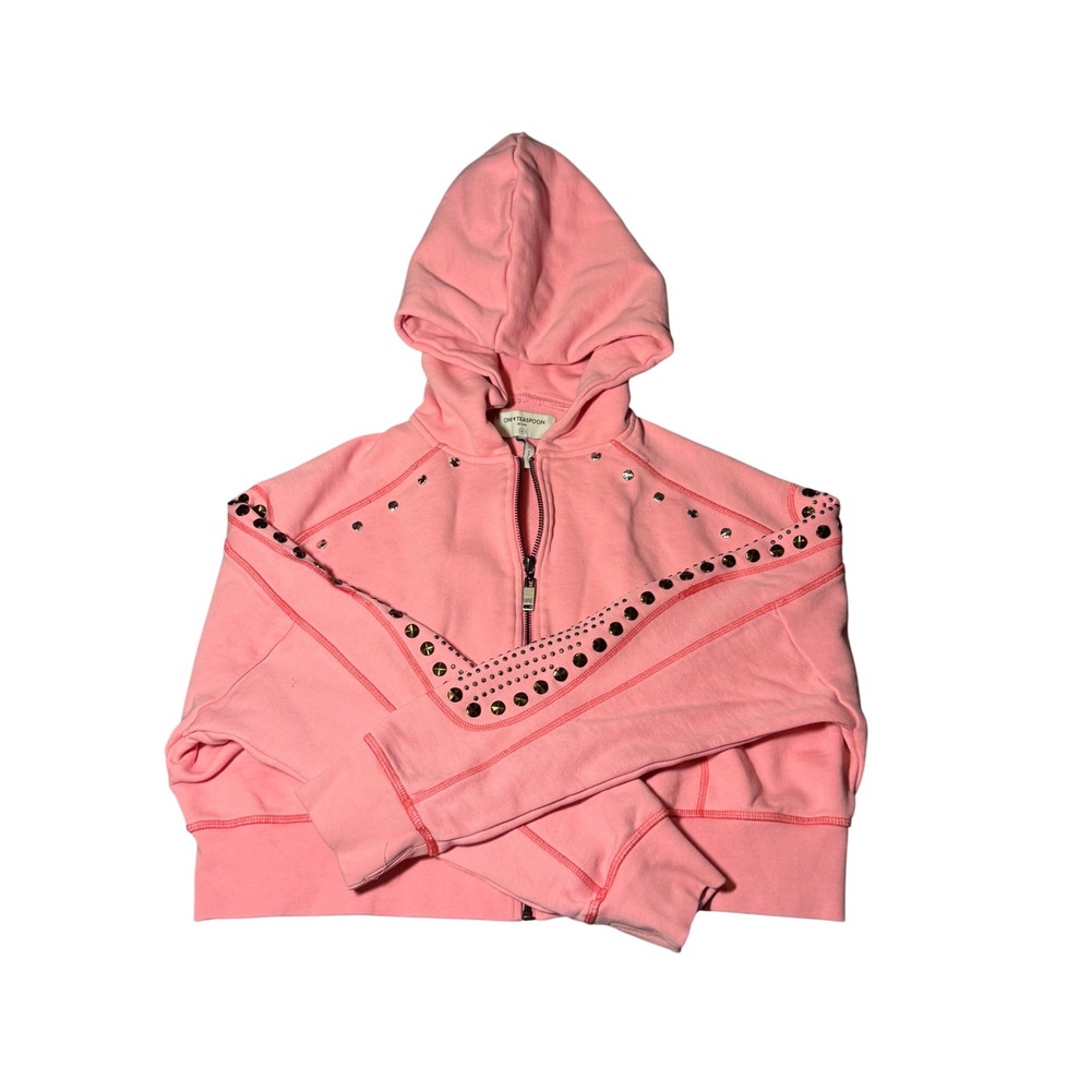 NWOT One Teaspoon Pink Studded Cropped Zip Up Hoodie WXS Cotton French Terry